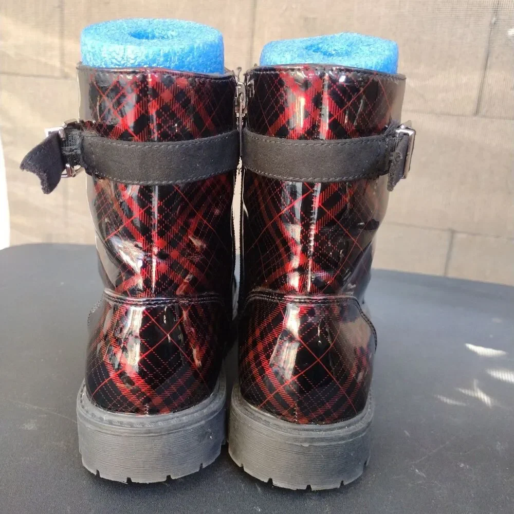 Jessica Simpson Rain Combat Boots Plaid Patent Zip Sides Kids Size 5 Black Red